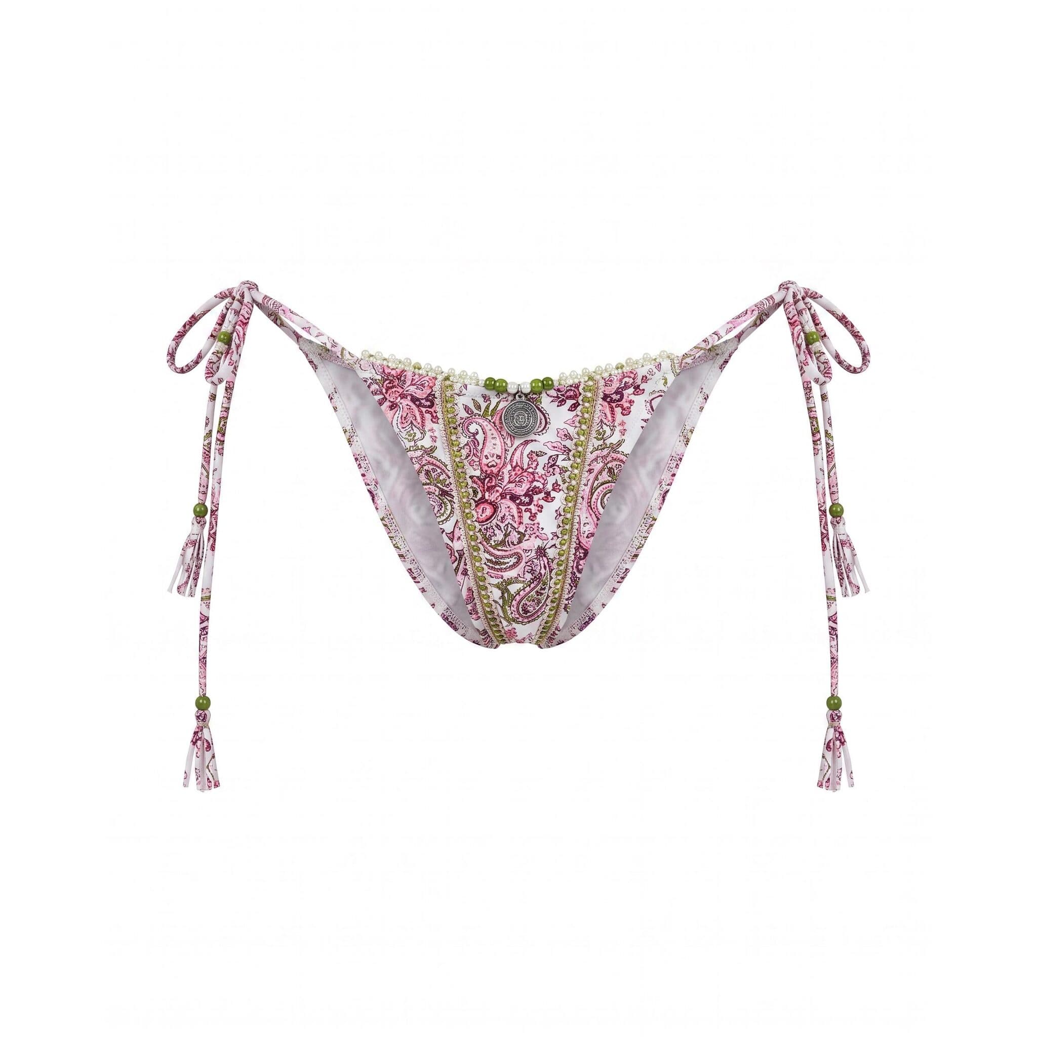 AI packshot of a pink paisley print tie-side bikini bottom with pearl and green bead trim on a white background