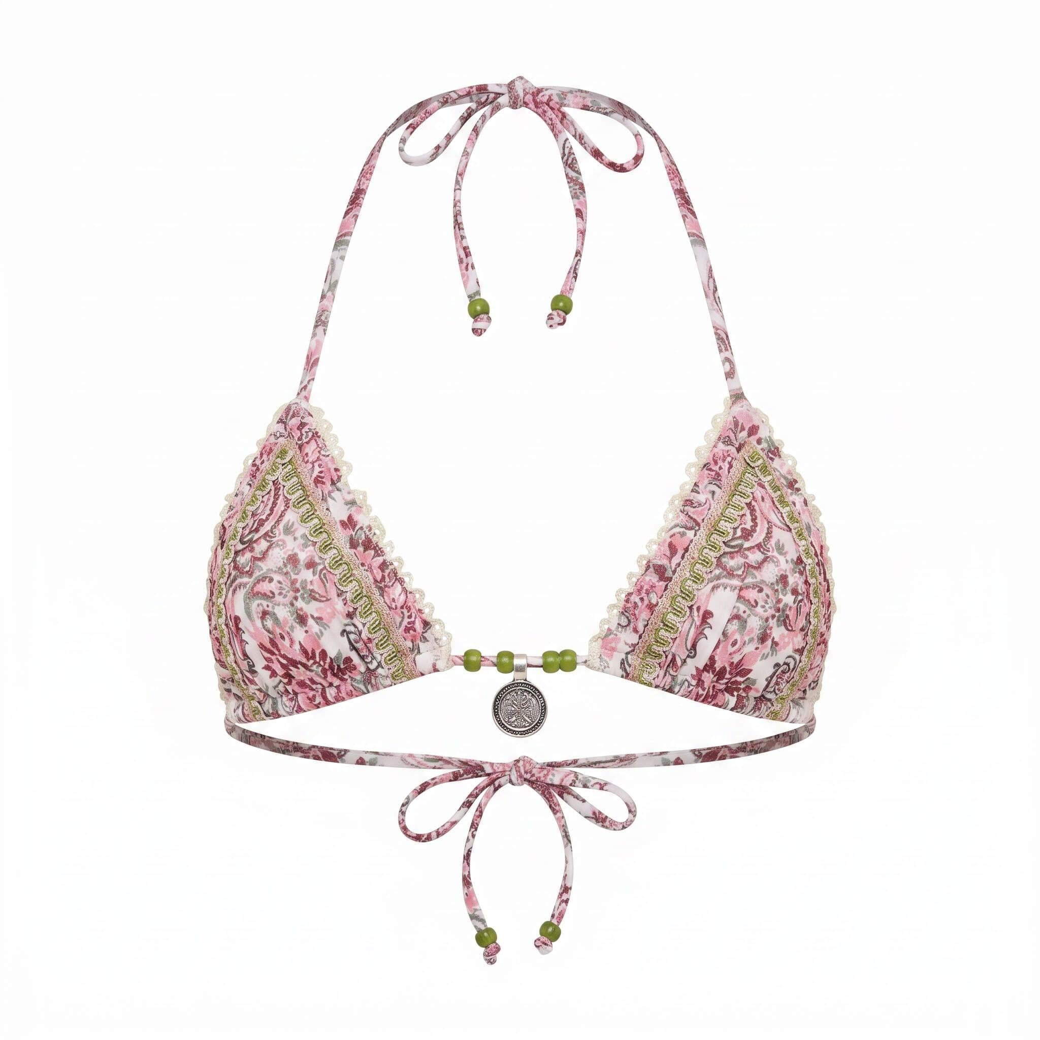 AI ghost mannequin packshot of a pink floral print bikini top on a white background