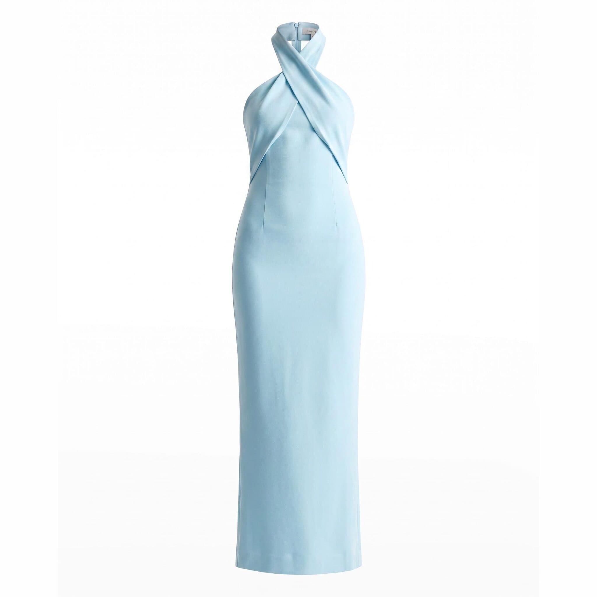 AI ghost mannequin packshot of a light blue halter neck midi dress on a white background