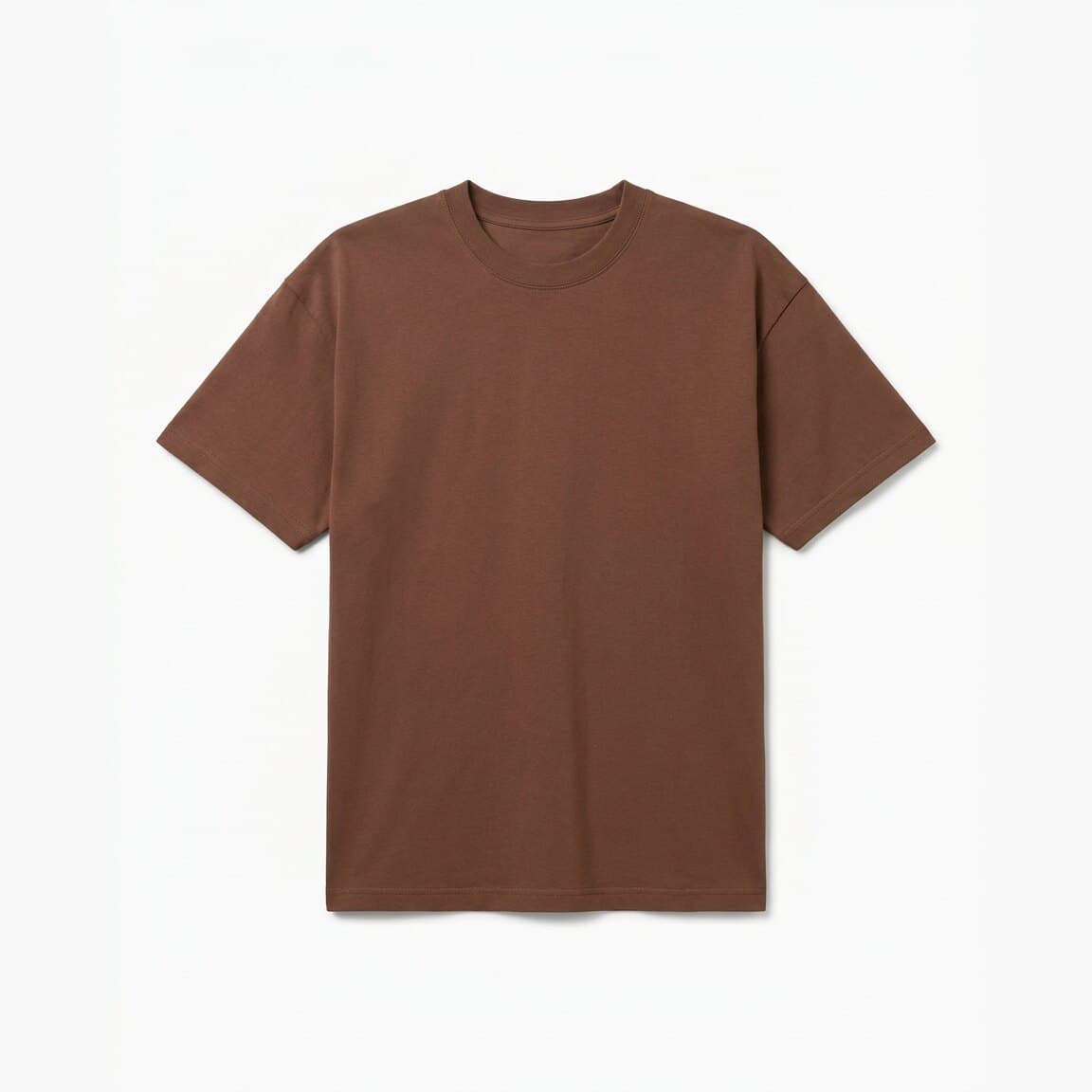 Flat lay packshot of a t-shirt photographed top-down on a white background