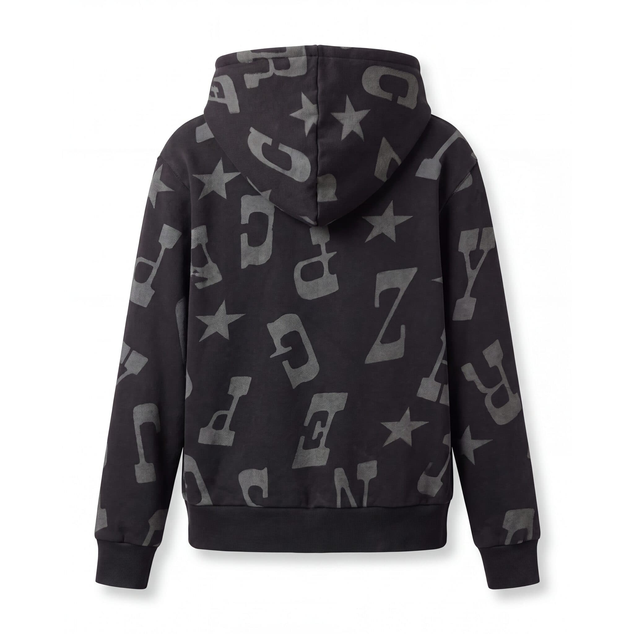 AI invisible hanger packshot of a black printed zip-up hoodie, back view
