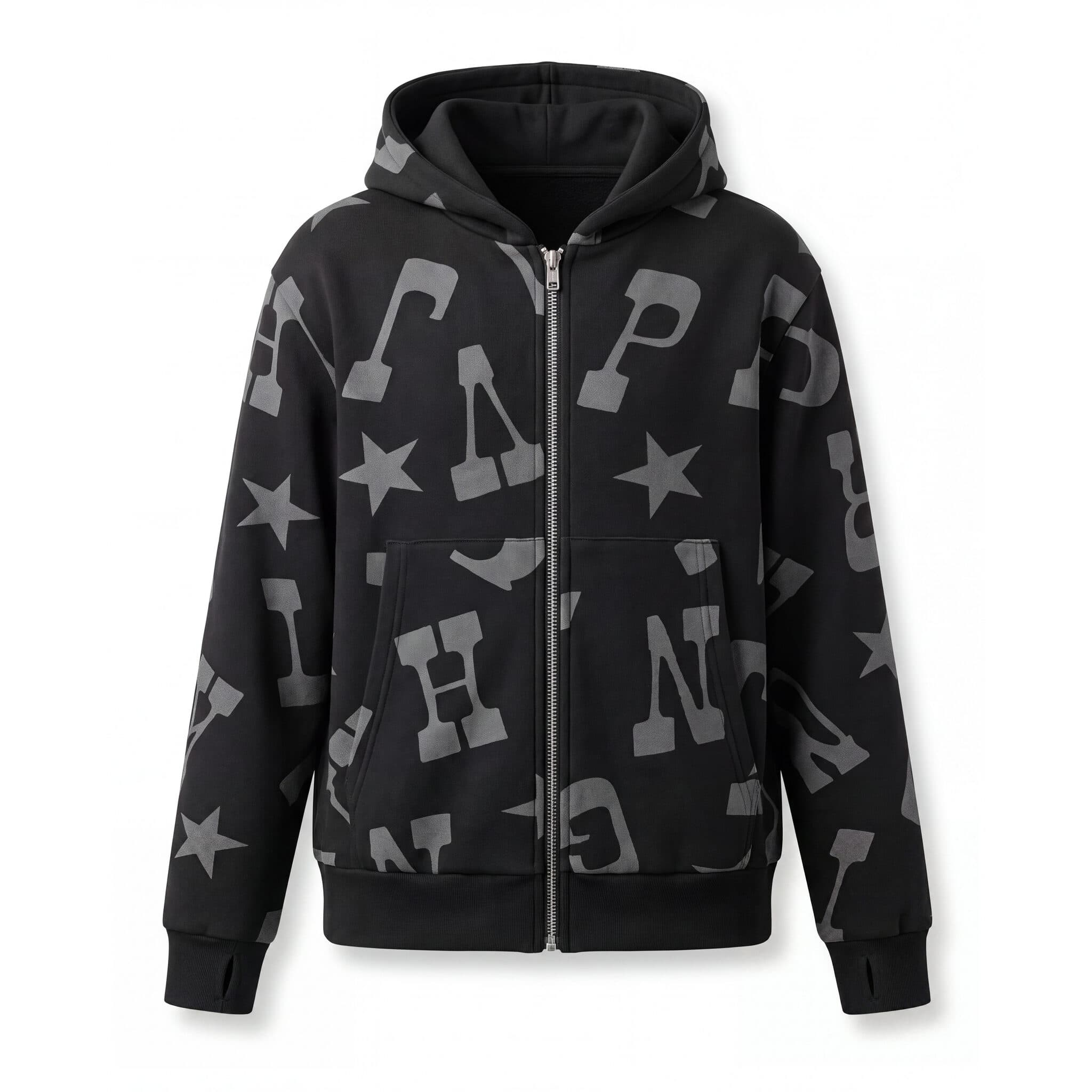 AI invisible hanger packshot of a black printed zip-up hoodie, front view