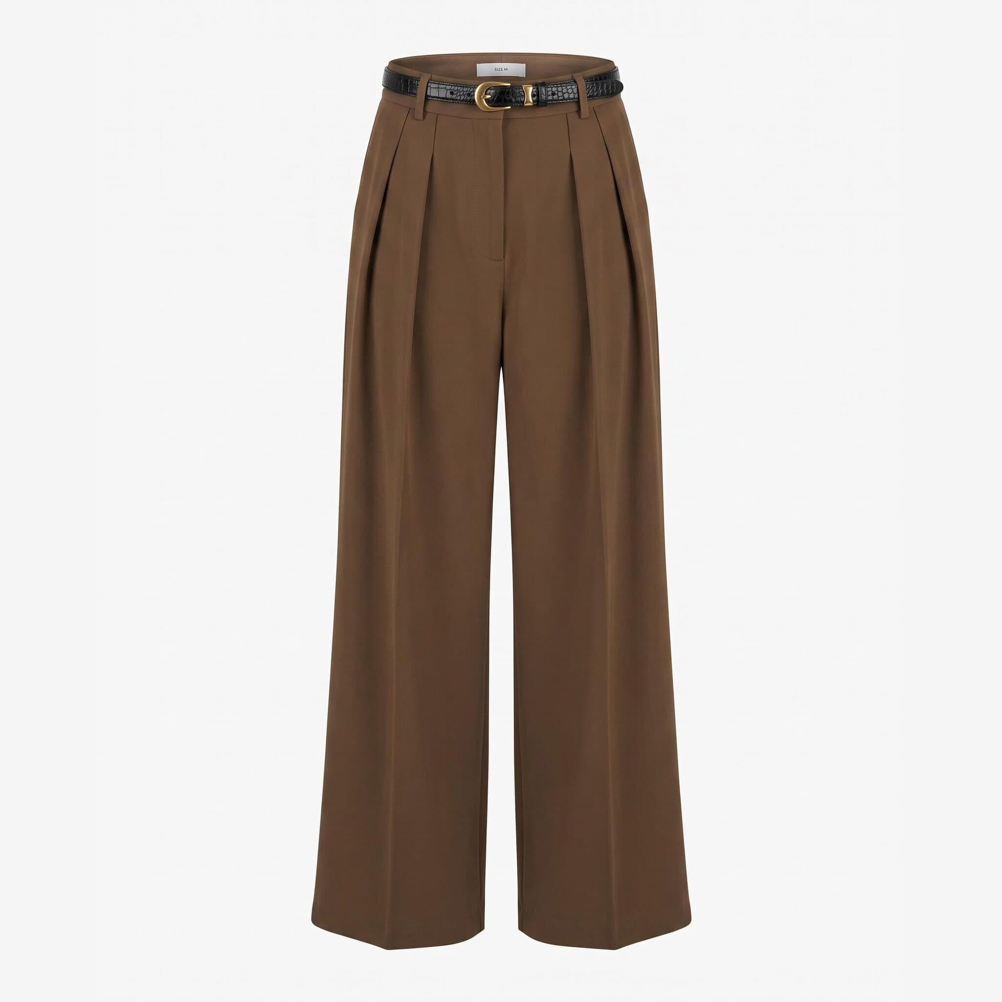 AI packshot of brown pleated wide leg trousers with a black croc leather belt on a white background