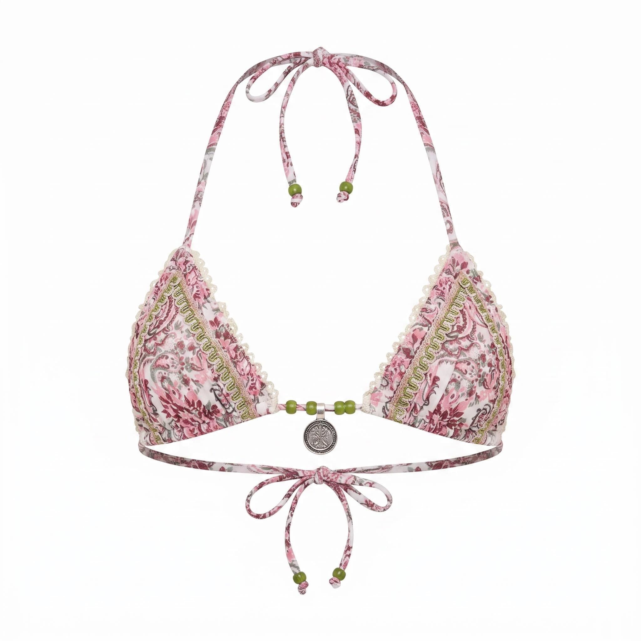 AI ghost mannequin packshot of a pink floral print bikini top on a white background